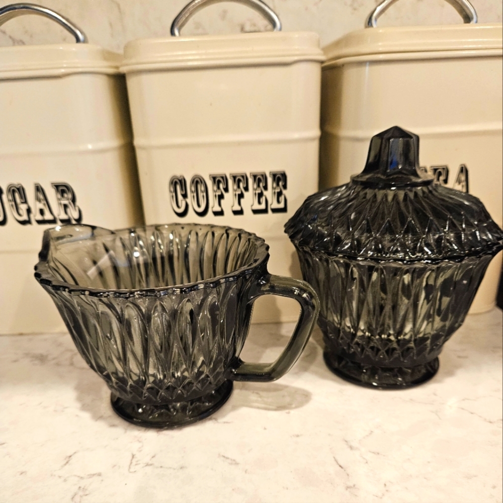 Vintage Indiana Glass Co. Smoke Grey Sugar & Cream Set